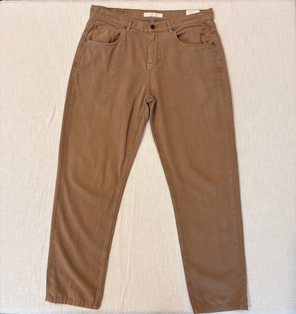 Billy Reid Slim Fit Cotton Linen 5 Pocket Pants Tan Brown 36x30